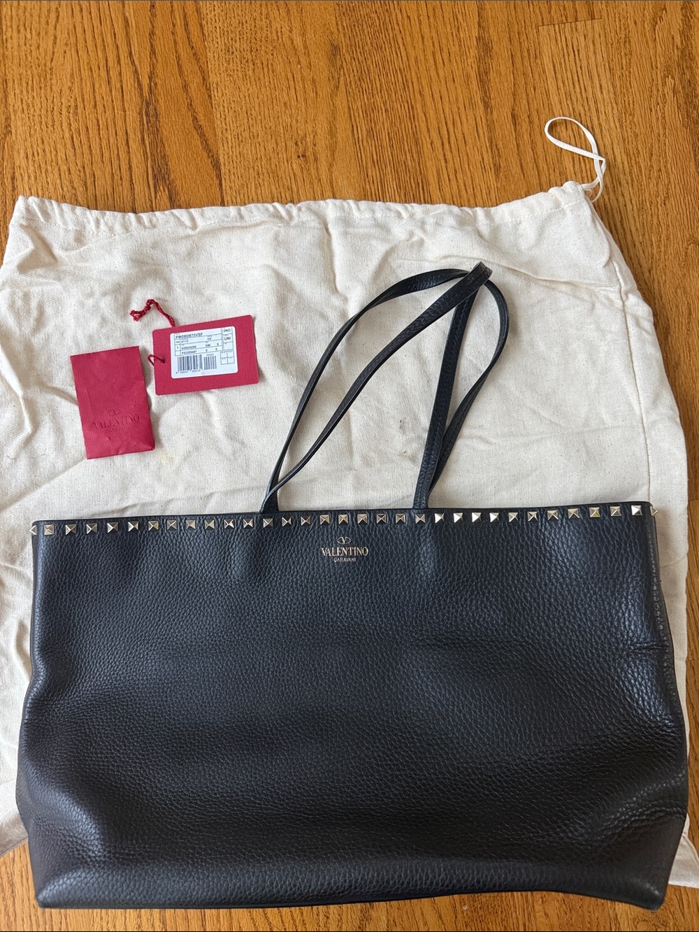 Valentino Garavani Black Leather Rockstud Tote with Gold Logo